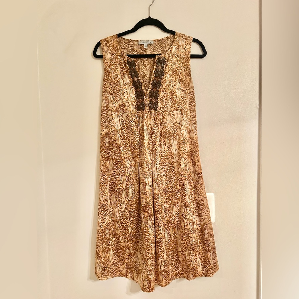 Beth Bowley Sz 8 Brown Beaded 100% Silk Satin Fit and Flare Henley Dress